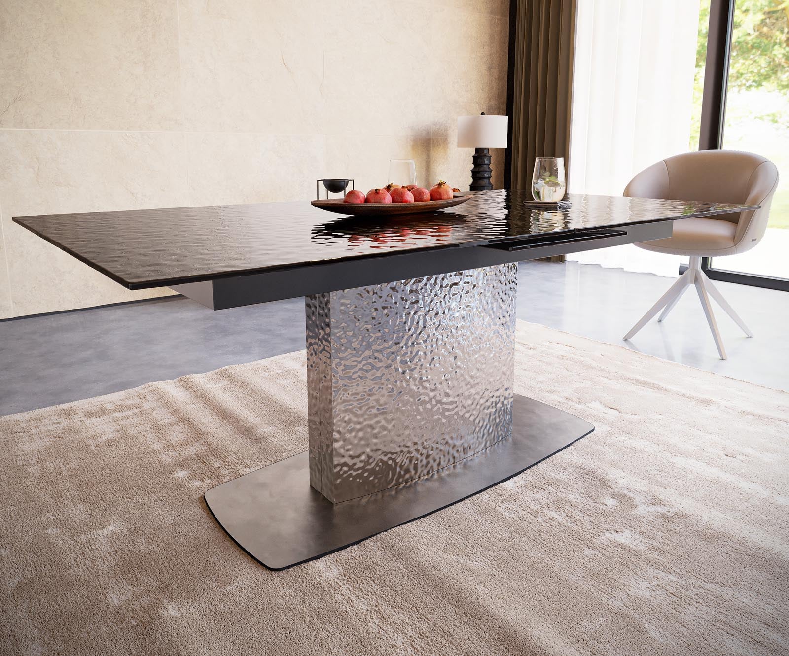 Dining Table Aurora 180-220x100cm Glass Black Central Frame Silver