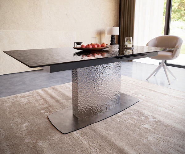 Dining Table Aurora 180-220x100cm Glass Black Central Frame Silver