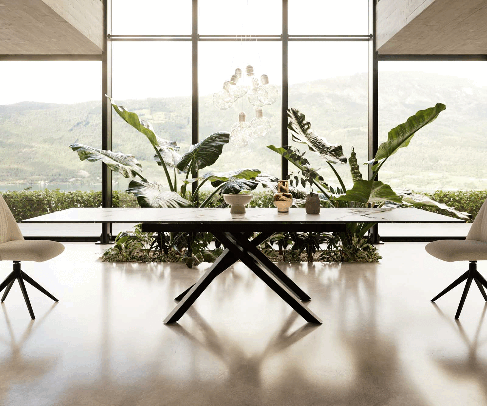 Dining Table Aurora 200-300x100cm Ceramic Gold Cross Frame Black