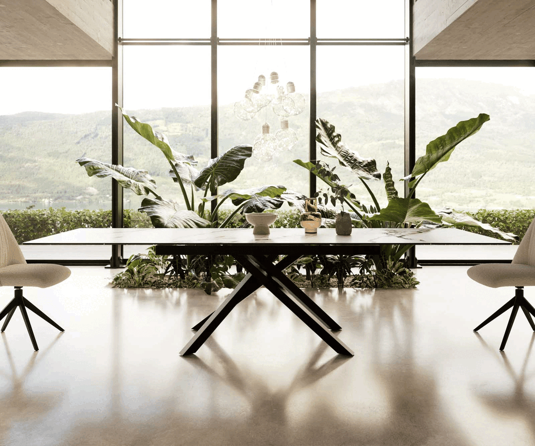 Extendable Dining Table Aurora 200-300x100cm Ceramic Calacatta Luxe Gold Cross Frame Black