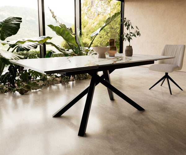 Dining Table Aurora 200-300x100cm Ceramic Gold Cross Frame Black