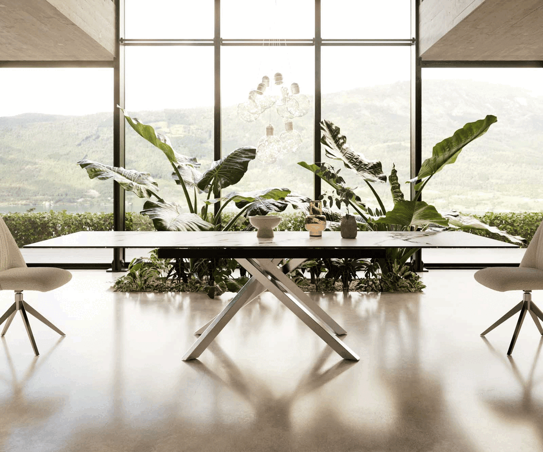 Extendable Dining Table Aurora 200-300x100cm Ceramic Calacatta Luxe Gold Cross Frame Silver