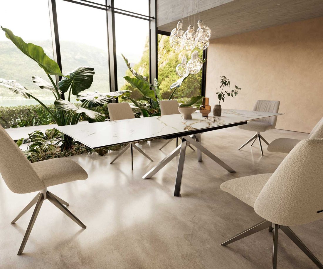 Extendable Dining Table Aurora 200-300x100cm Ceramic Calacatta Luxe Gold Cross Frame Silver