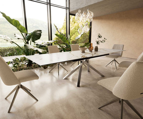 Dining Table Aurora 200-300x100cm Ceramic Gold Cross Frame Silver
