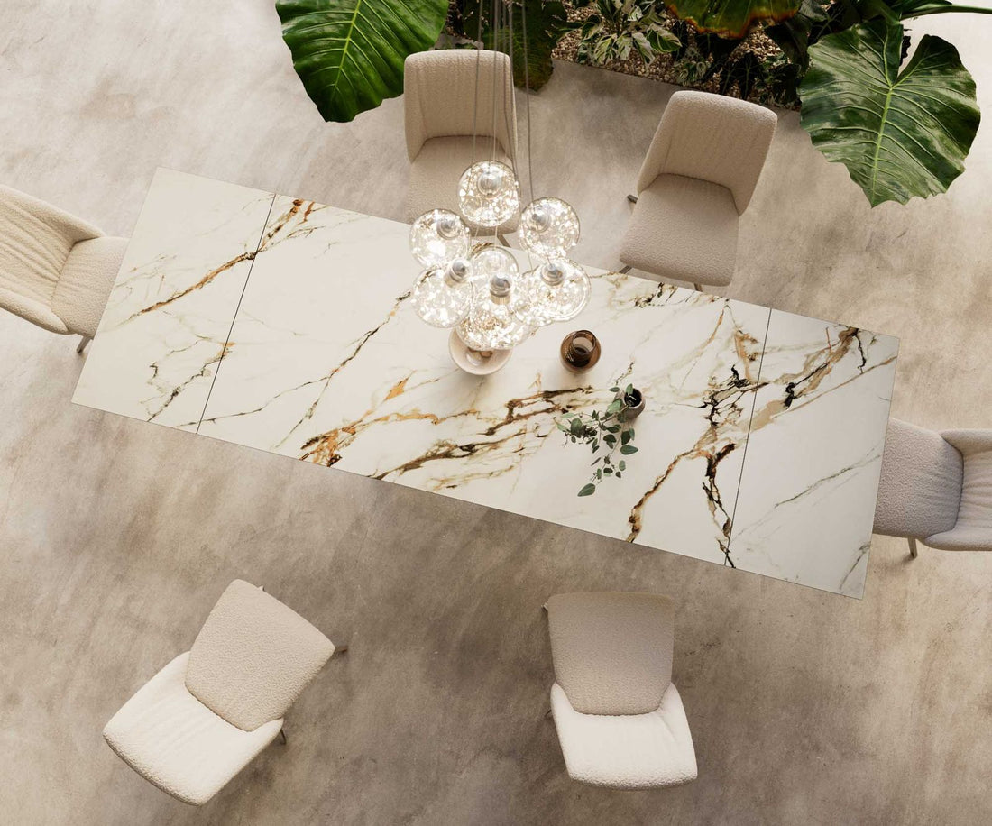 Extendable Dining Table Aurora 200-300x100cm Ceramic Calacatta Luxe Gold Cross Frame Silver