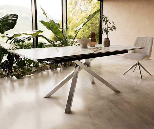 Dining Table Aurora 200-300x100cm Ceramic Gold Cross Frame Silver