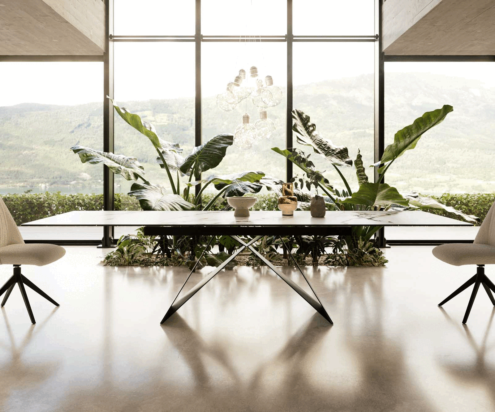 Dining Table Aurora 200-300x100cm Ceramic Gold V-Frame Black
