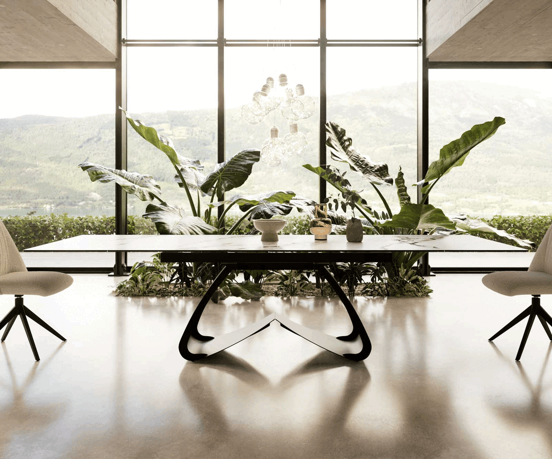 Extendable Dining Table Aurora 200-300x100cm Ceramic Calacatta Luxe Gold W-Frame Black