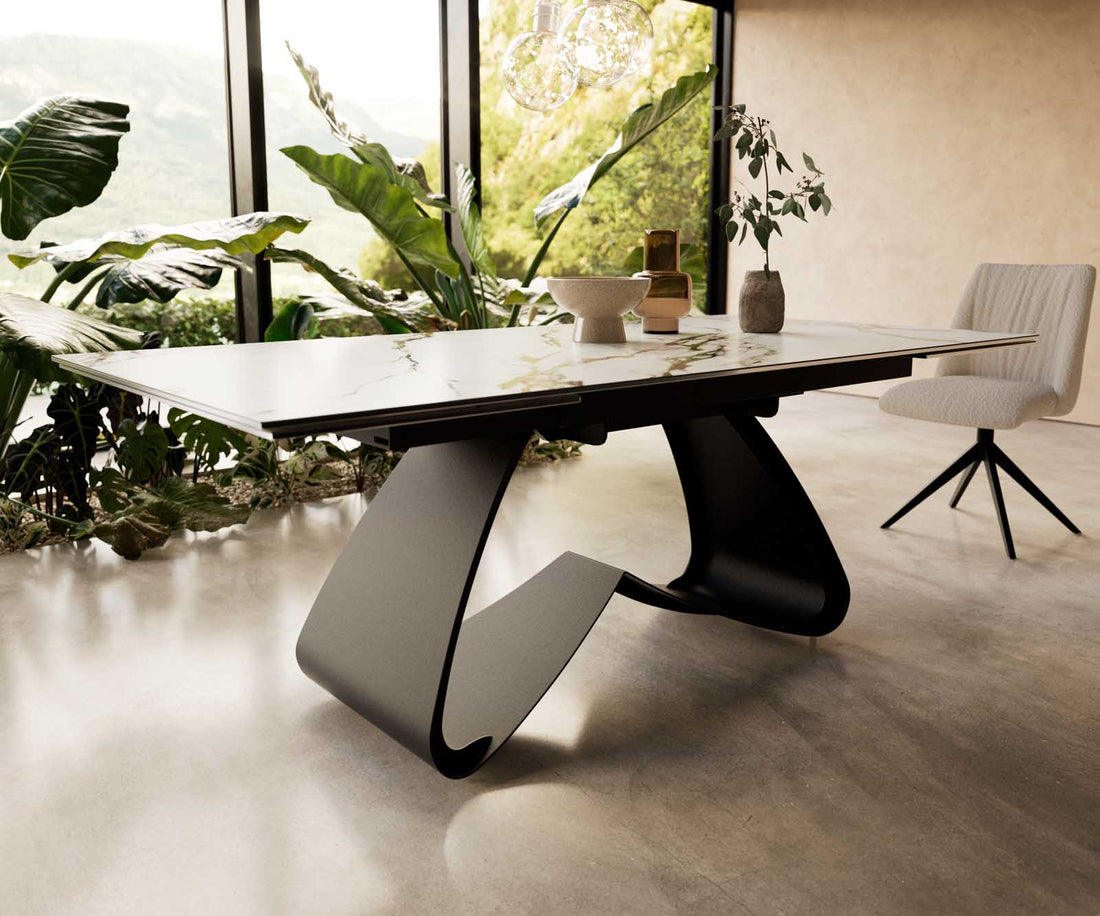 Extendable Dining Table Aurora 200-300x100cm Ceramic Calacatta Luxe Gold W-Frame Black
