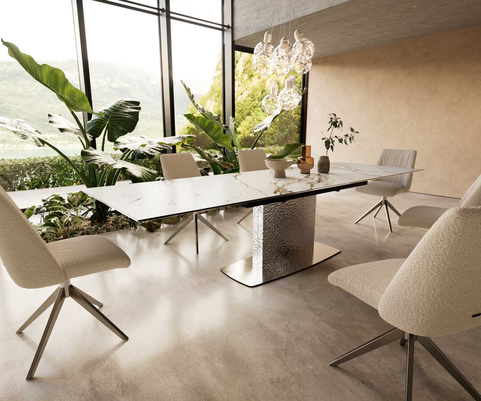 Dining Table Aurora 200-300x100cm Ceramic Gold Central Frame Silver