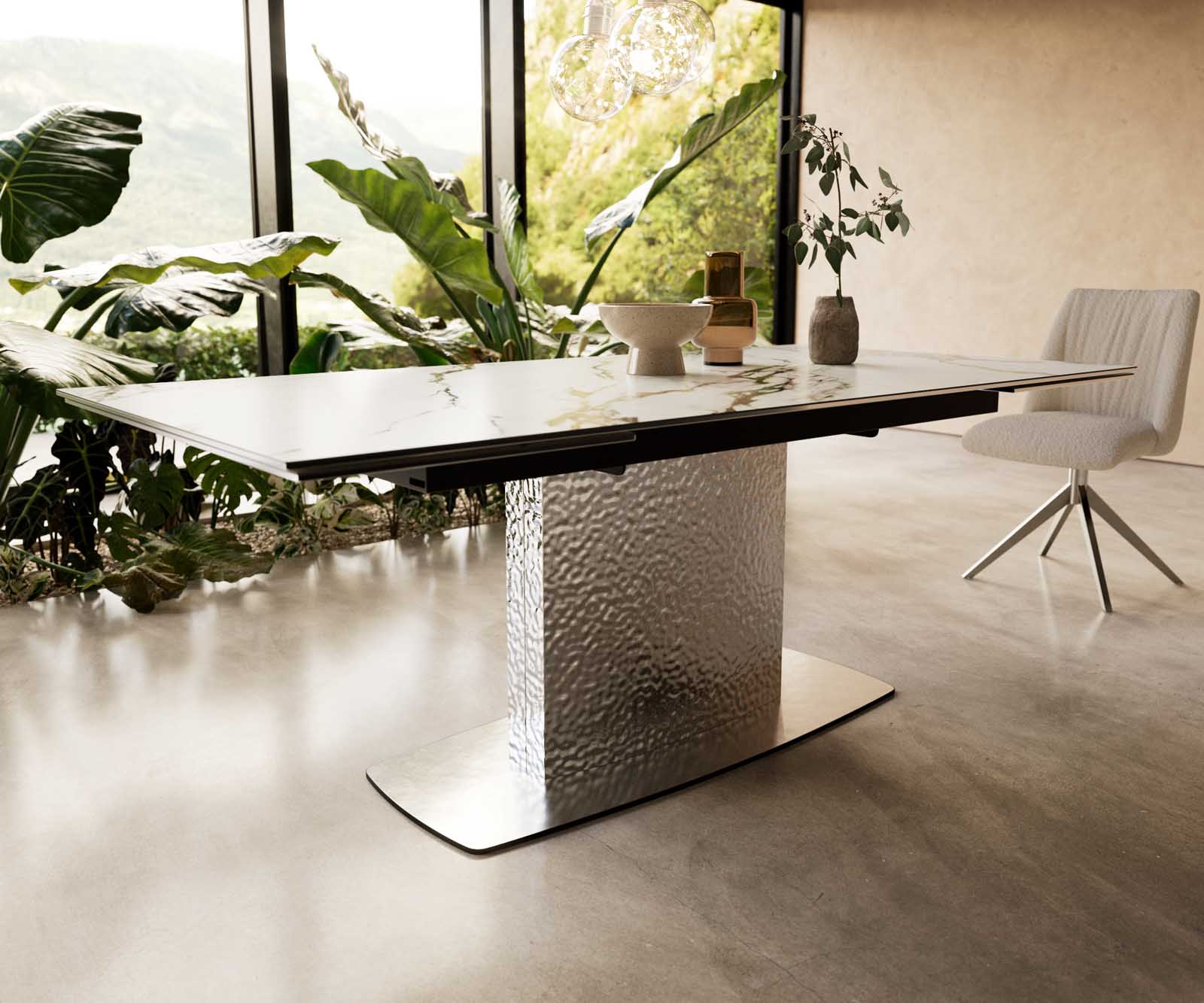 Dining Table Aurora 200-300x100cm Ceramic Gold Central Frame Silver