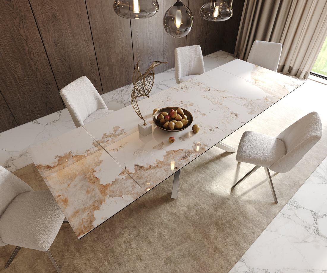 Extendable Dining Table Aurora 200-300cm Ceramic Minas Melange Beige Cross Frame Steel