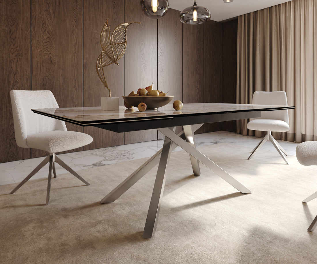 Extendable Dining Table Aurora 200-300cm Ceramic Minas Melange Beige Cross Frame Steel
