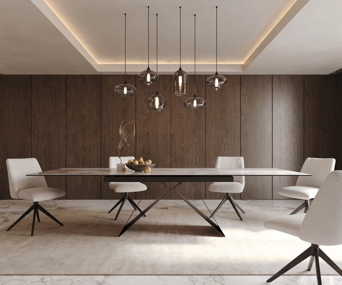 Extendable Dining Table Aurora 200-300cm Ceramic Minas Melange Beige V-Frame Black