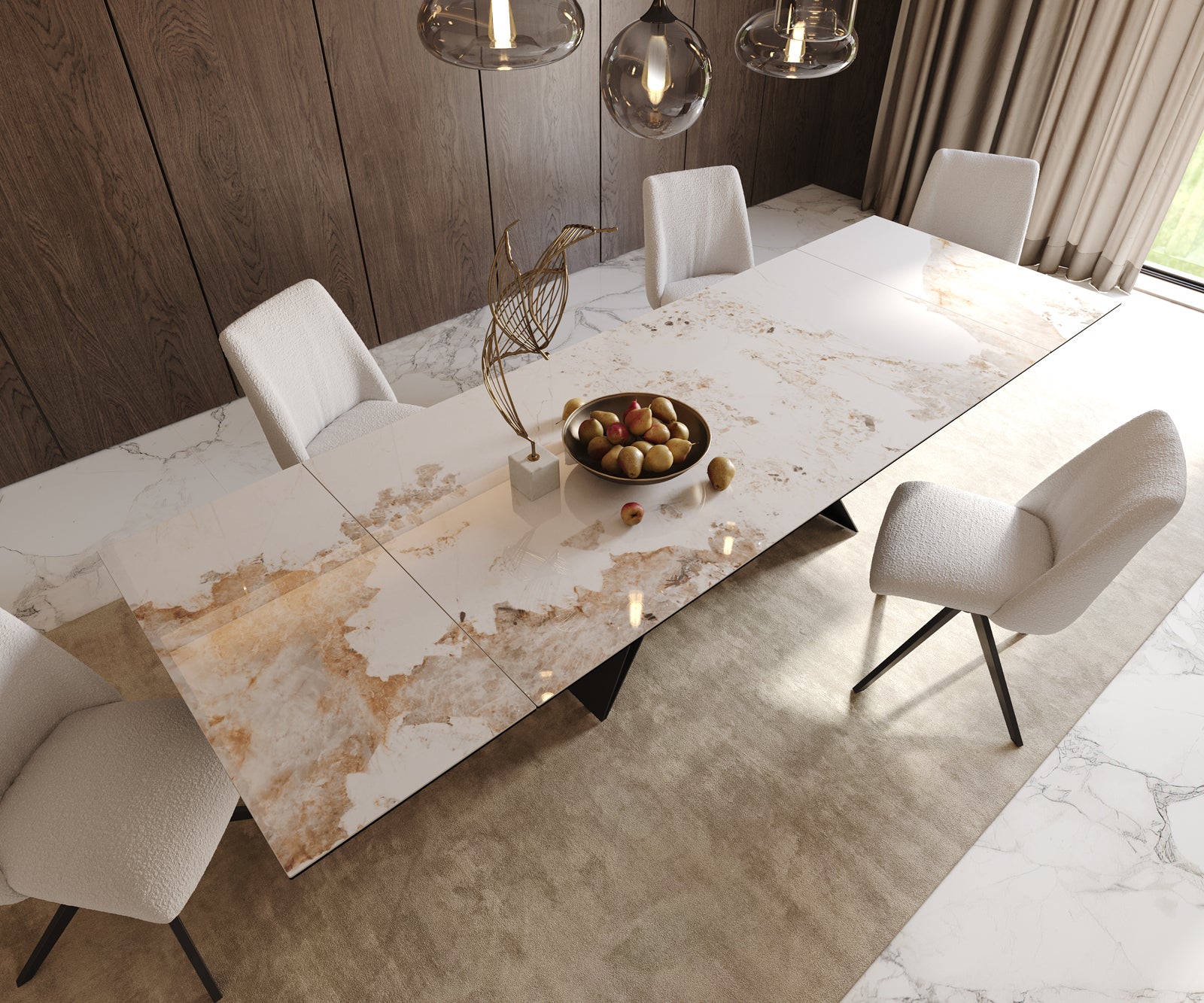 Dining Table Aurora Extendable Ceramic 200-300cm Beige V Frame Black