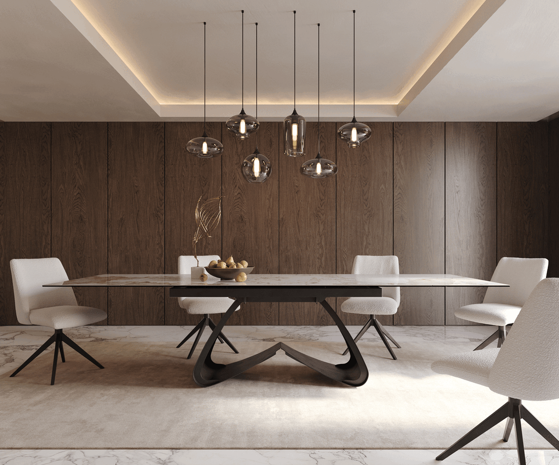 Extendable Dining Table Aurora 200-300cm Ceramic Minas Melange Beige W-Frame Black