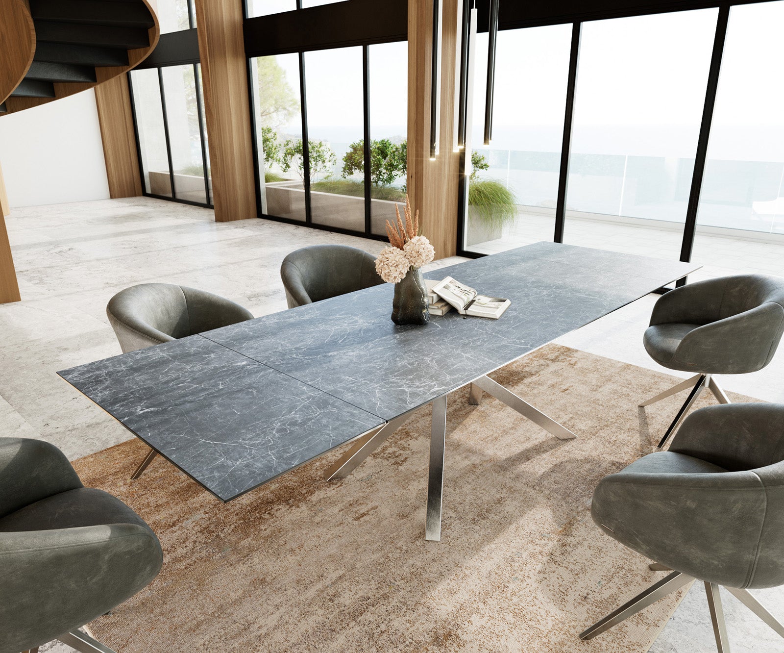 Dining Table Aurora Extendable Ceramic 200-300cm Anthracite Cross Frame Steel