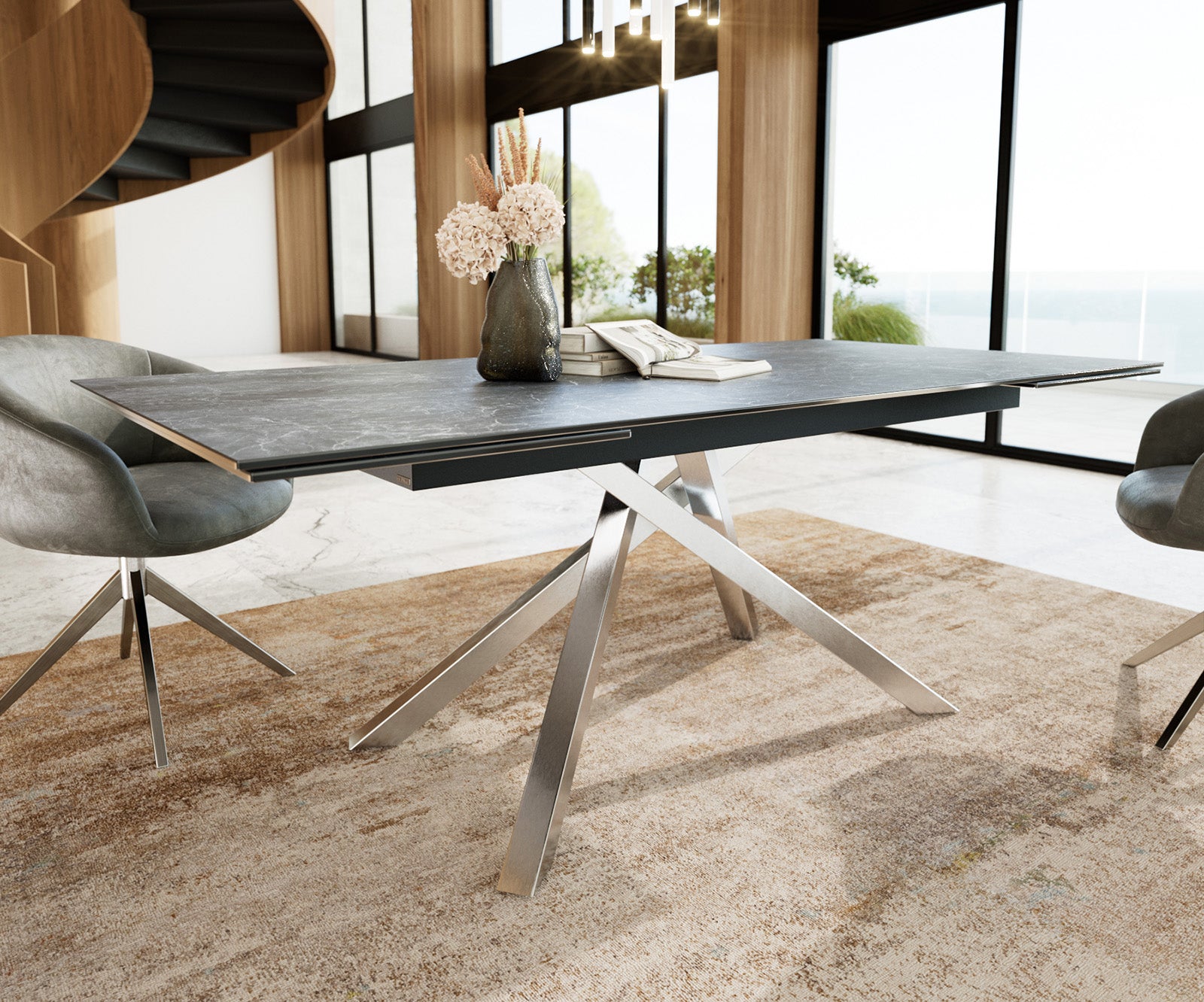 Dining Table Aurora Extendable 200-300cm Ceramic Anthracite Cross Frame Steel