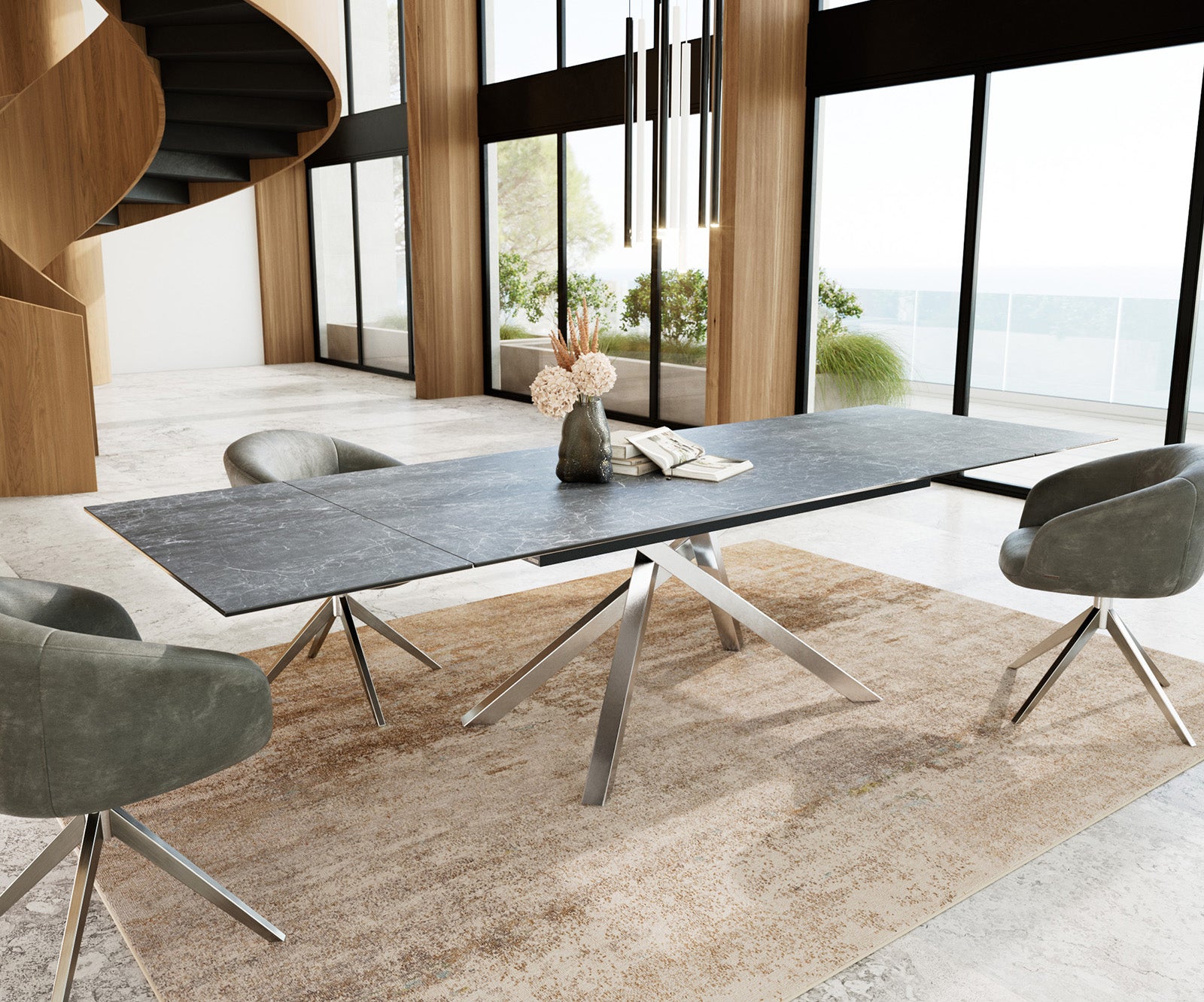 Dining Table Aurora Extendable 200-300cm Ceramic Anthracite Cross Frame Steel