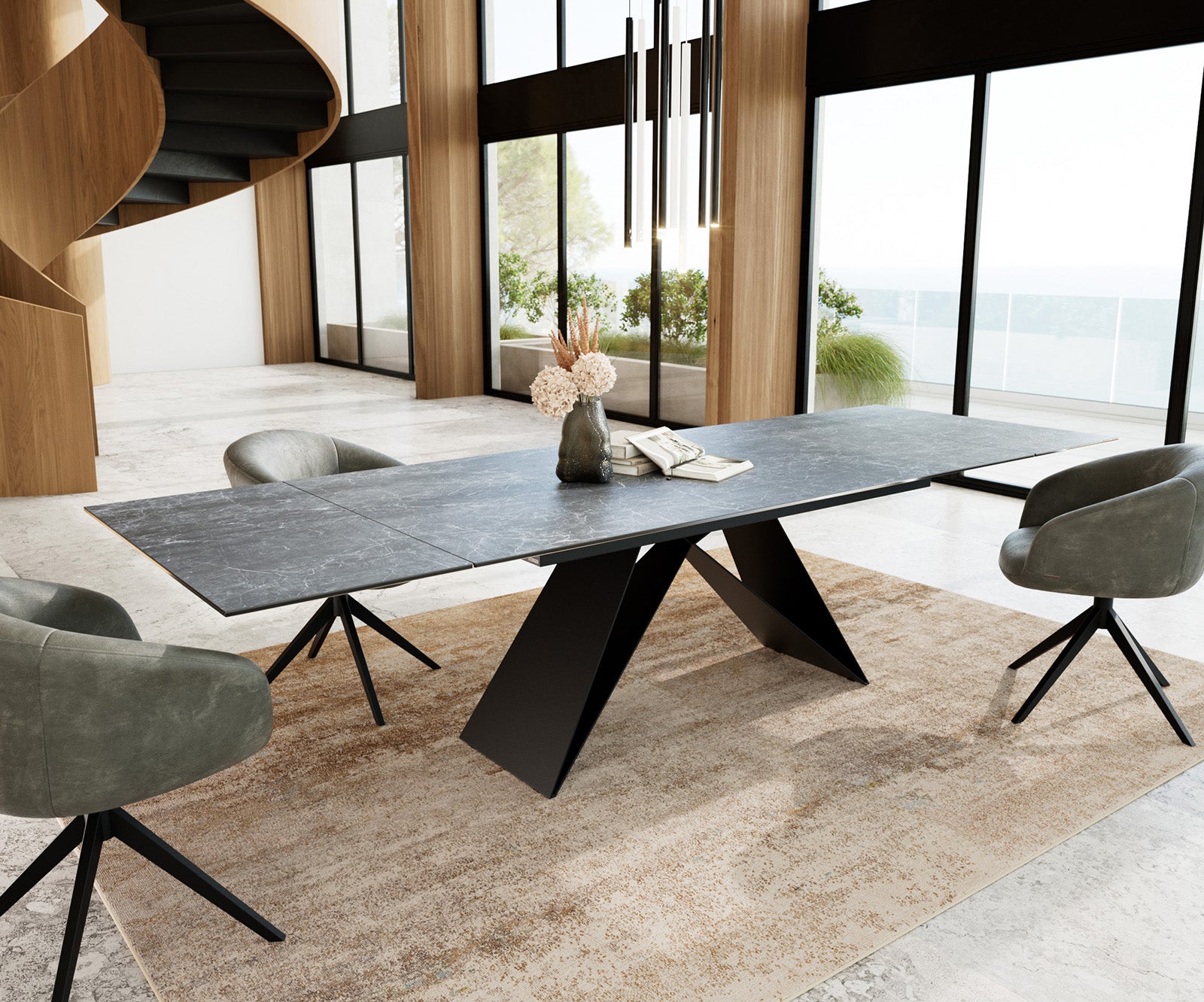 Dining Table Aurora Extendable 200-300cm Ceramic Anthracite V Frame Black