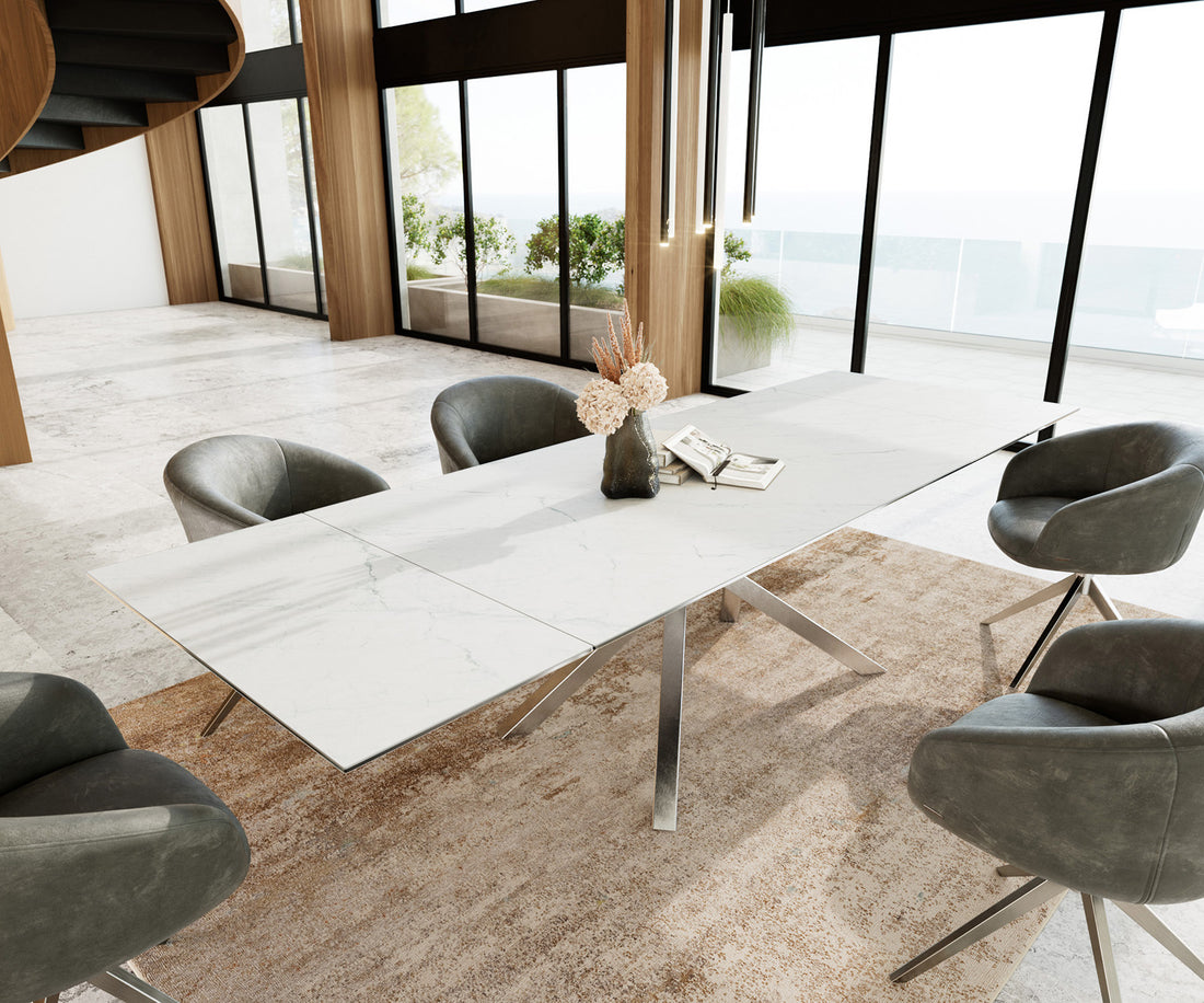 Extendable Dining Table Aurora 200-300cm Ceramic Statuarietto White Cross Frame Steel