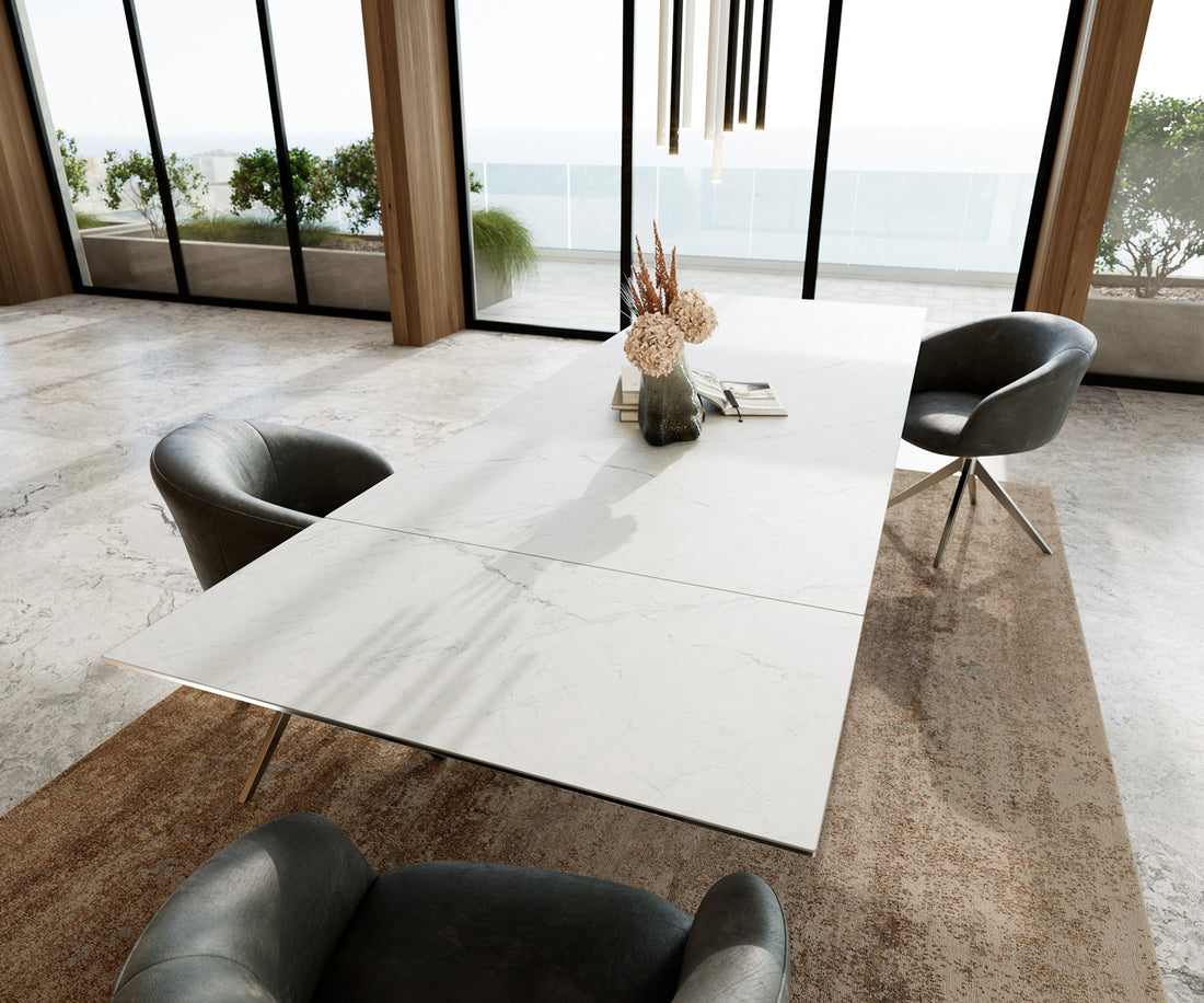 Extendable Dining Table Aurora 200-300cm Ceramic Statuarietto White Cross Frame Steel