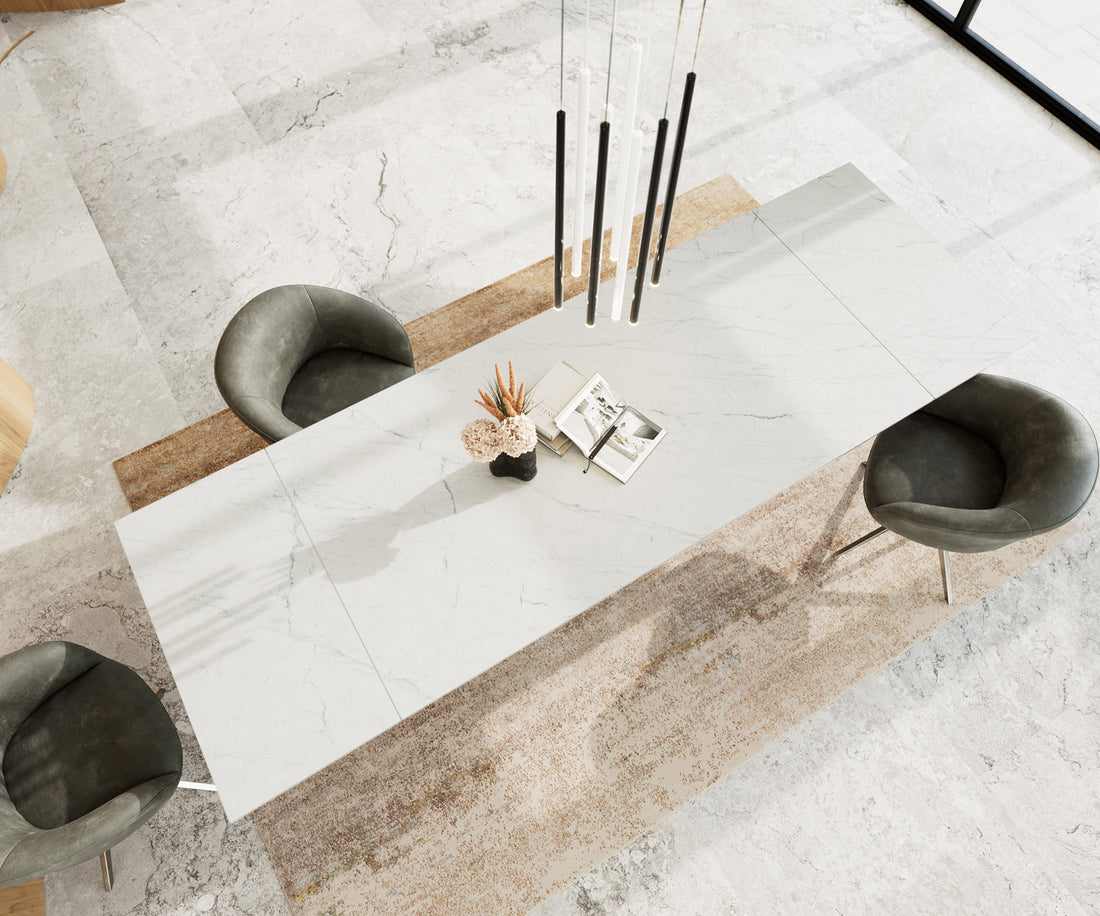 Extendable Dining Table Aurora 200-300cm Ceramic Statuarietto White Cross Frame Steel