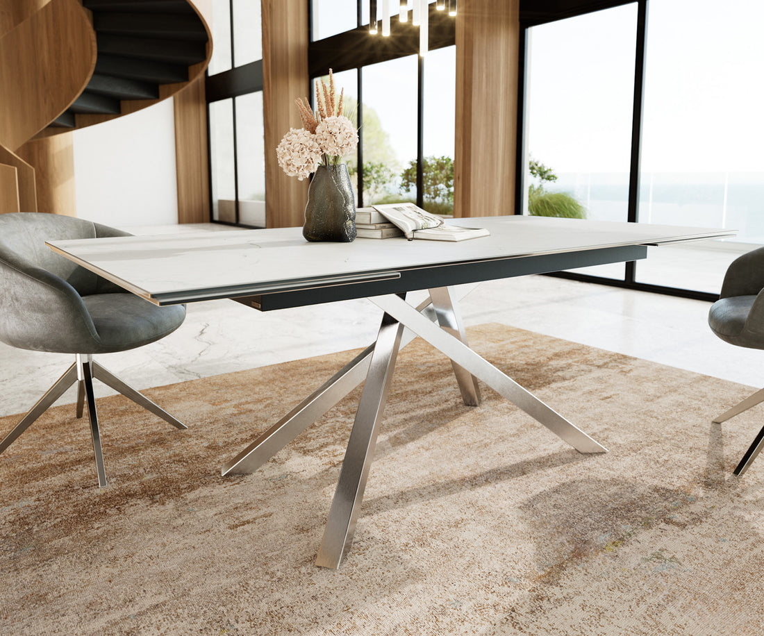 Extendable Dining Table Aurora 200-300cm Ceramic Statuarietto White Cross Frame Steel