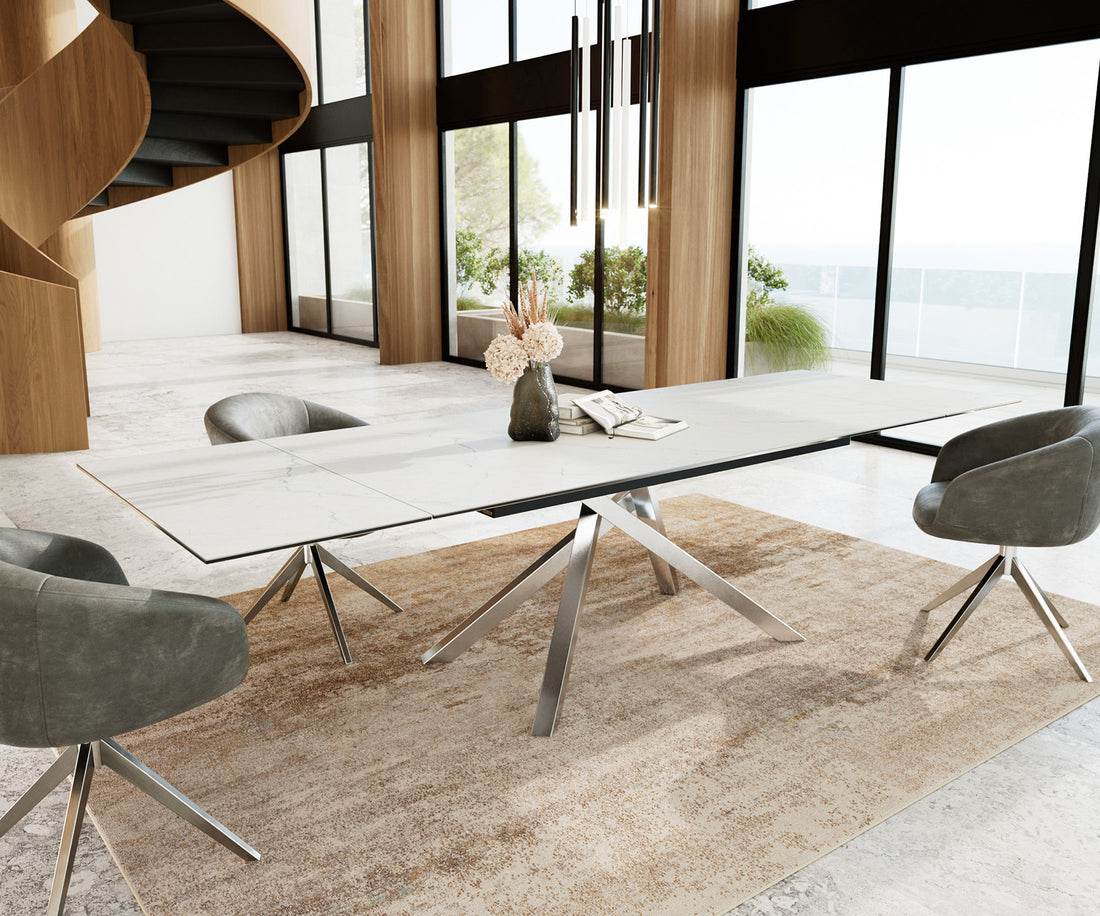 Extendable Dining Table Aurora 200-300cm Ceramic Statuarietto White Cross Frame Steel