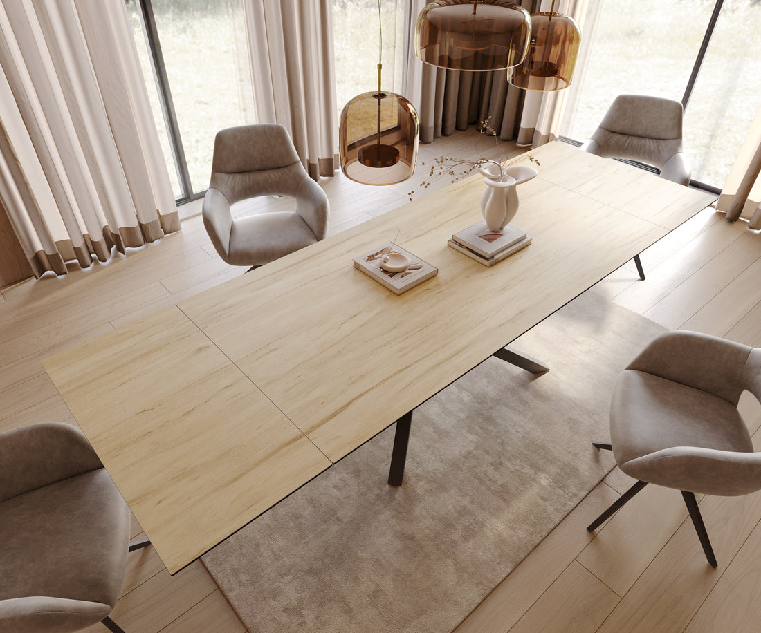 Extendable Dining Table Aurora 200-300cm Ceramic Sabbia Oak Look Cross Frame Black