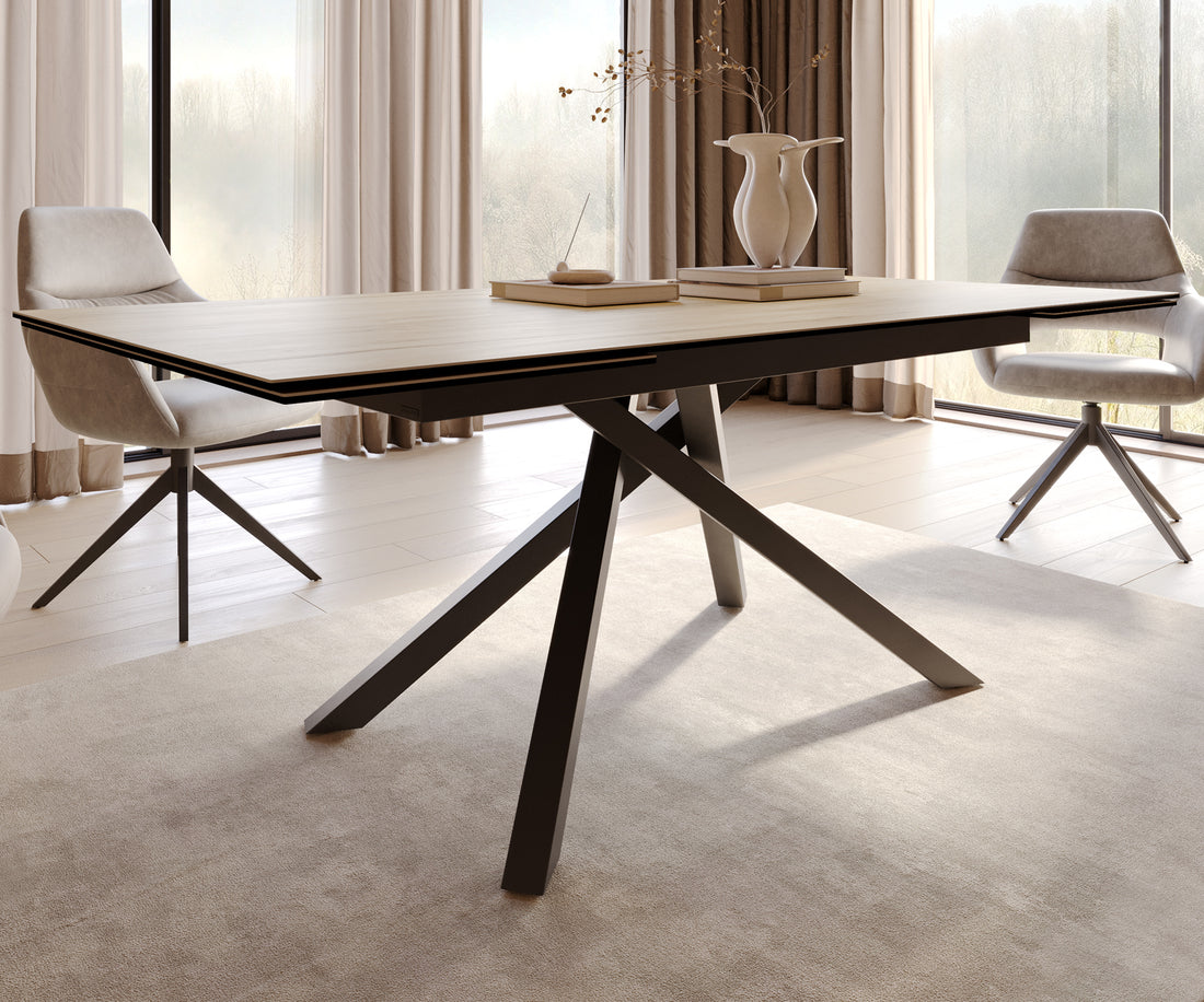 Extendable Dining Table Aurora 200-300cm Ceramic Sabbia Oak Look Cross Frame Black
