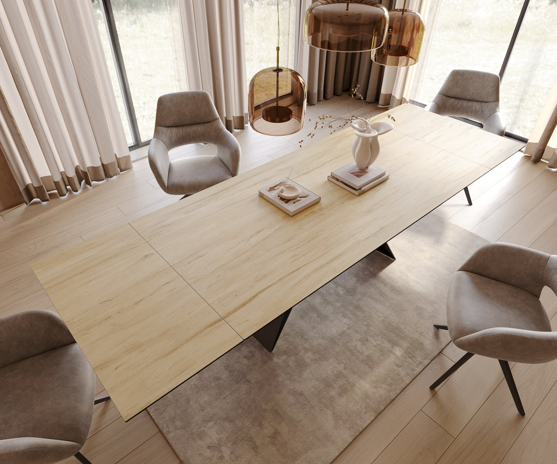 Extendable Dining Table Aurora 200-300cm Ceramic Sabbia Oak-Look V-Frame Black
