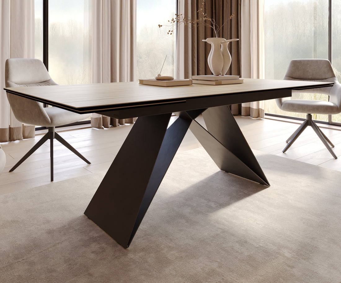 Extendable Dining Table Aurora 200-300cm Ceramic Sabbia Oak-Look V-Frame Black