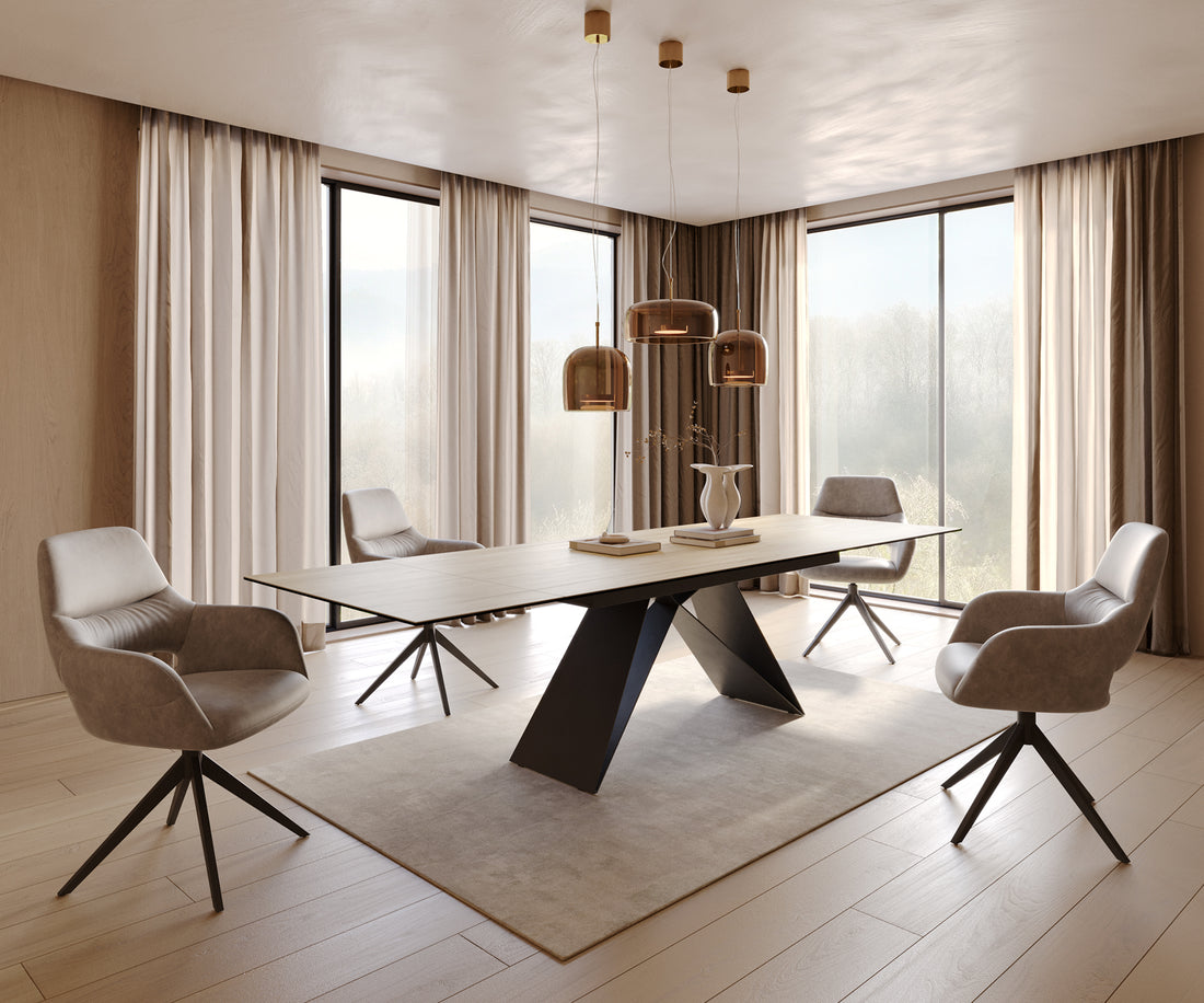 Extendable Dining Table Aurora 200-300cm Ceramic Sabbia Oak-Look V-Frame Black