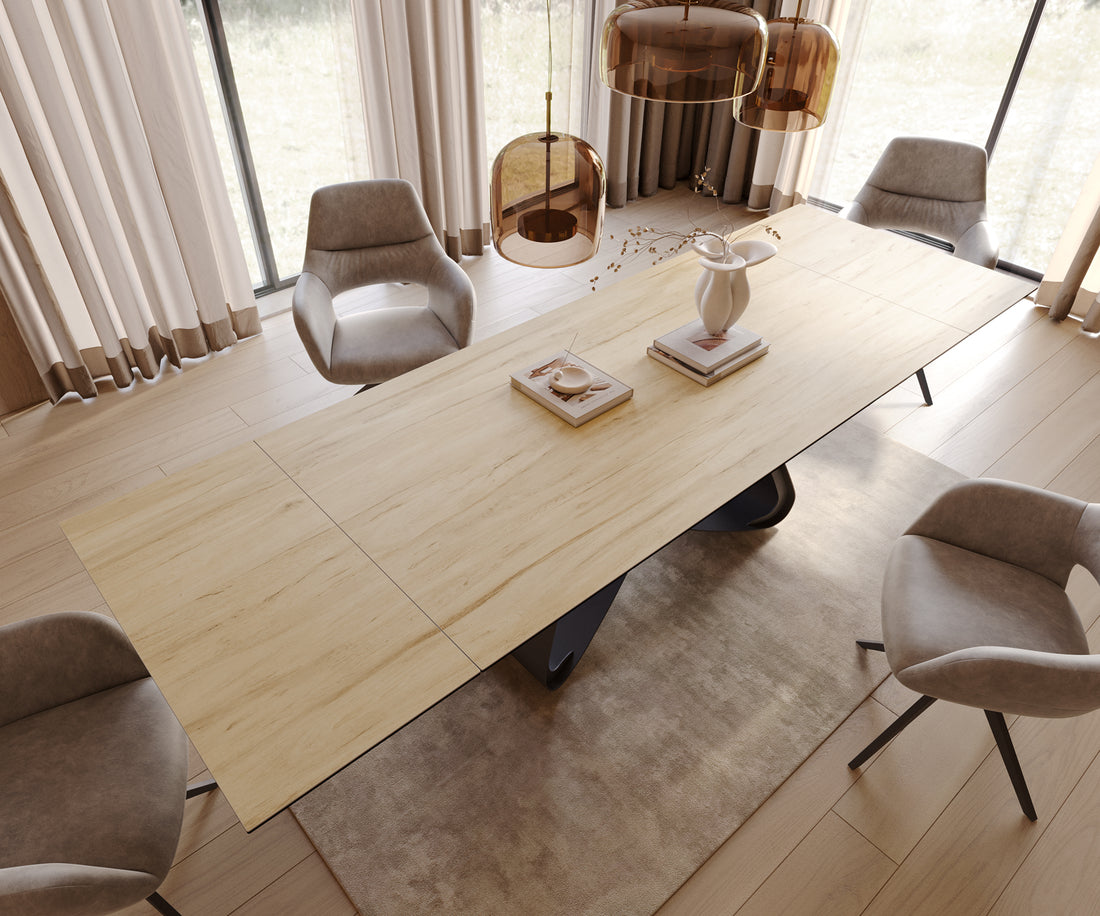 Extendable Dining Table Aurora 200-300cm Ceramic Sabbia Oak-Look W-Frame Black
