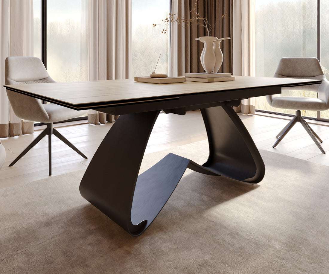 Extendable Dining Table Aurora 200-300cm Ceramic Sabbia Oak-Look W-Frame Black