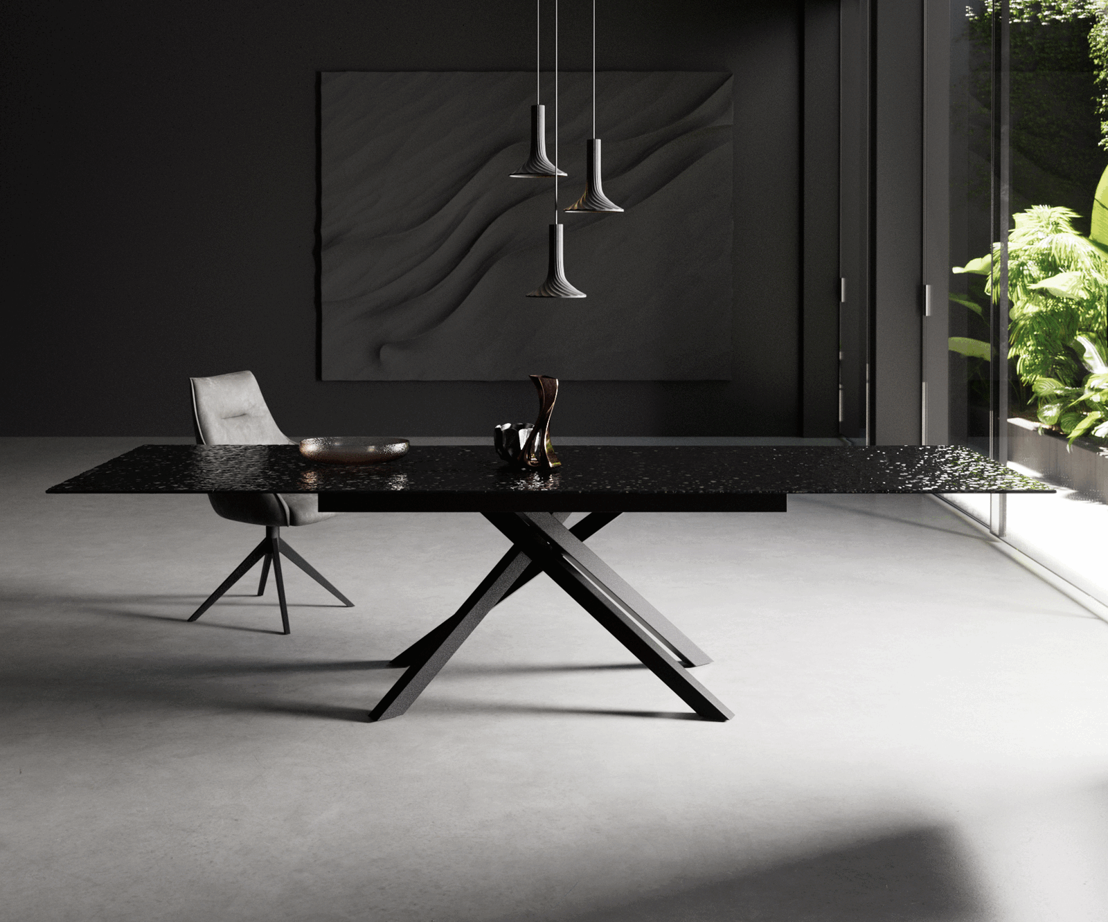 Dining Table Aurora Extendable 200-300cm Glass Relief Cross Frame Black