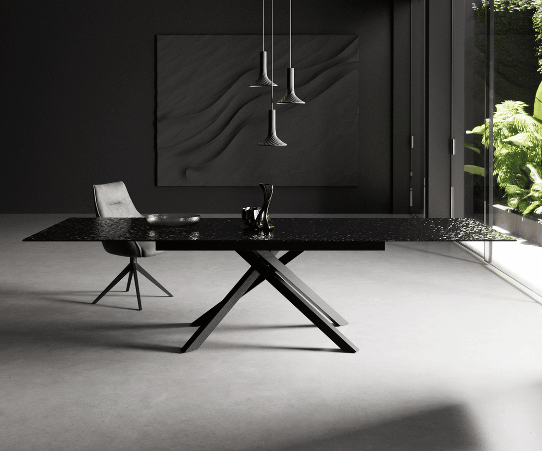 Extendable Dining Table Aurora 200-300cm Glass Relief Cross Frame Black