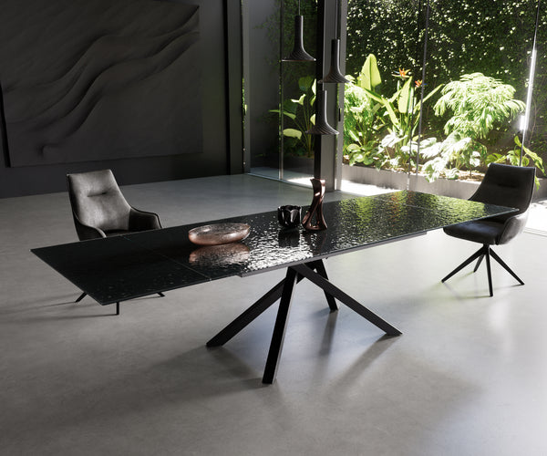 Dining Table Aurora Extendable Ceramic 200-300cm Glass Relief Cross Frame Black