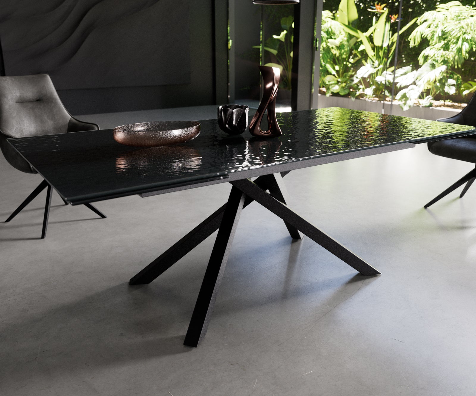 Dining Table Aurora Extendable 200-300cm Glass Relief Cross Frame Black
