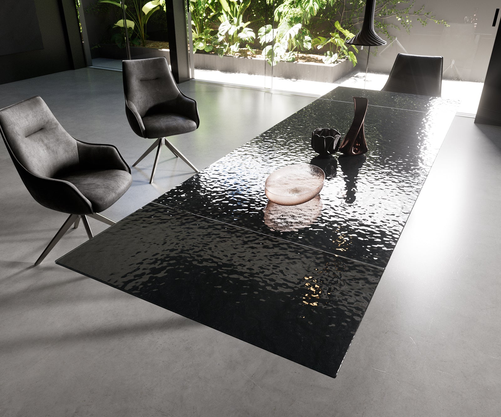 Dining Table Aurora Extendable 200-300cm Glass Relief Cross Frame Black
