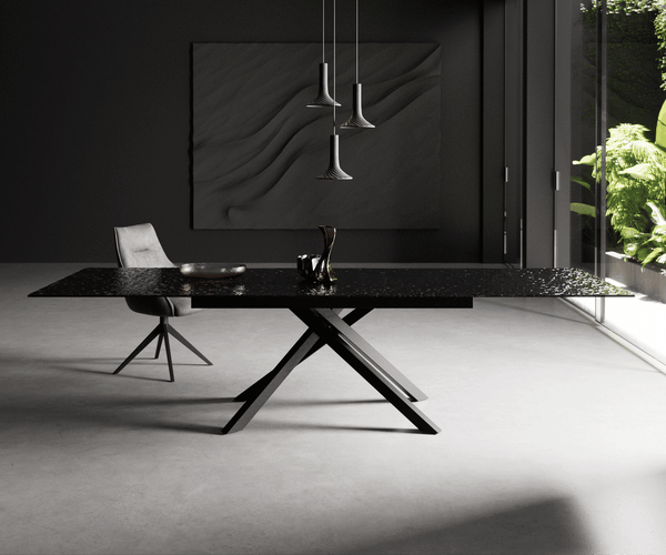 Dining Table Aurora Extendable 200-300cm Glass Relief Cross Frame Black