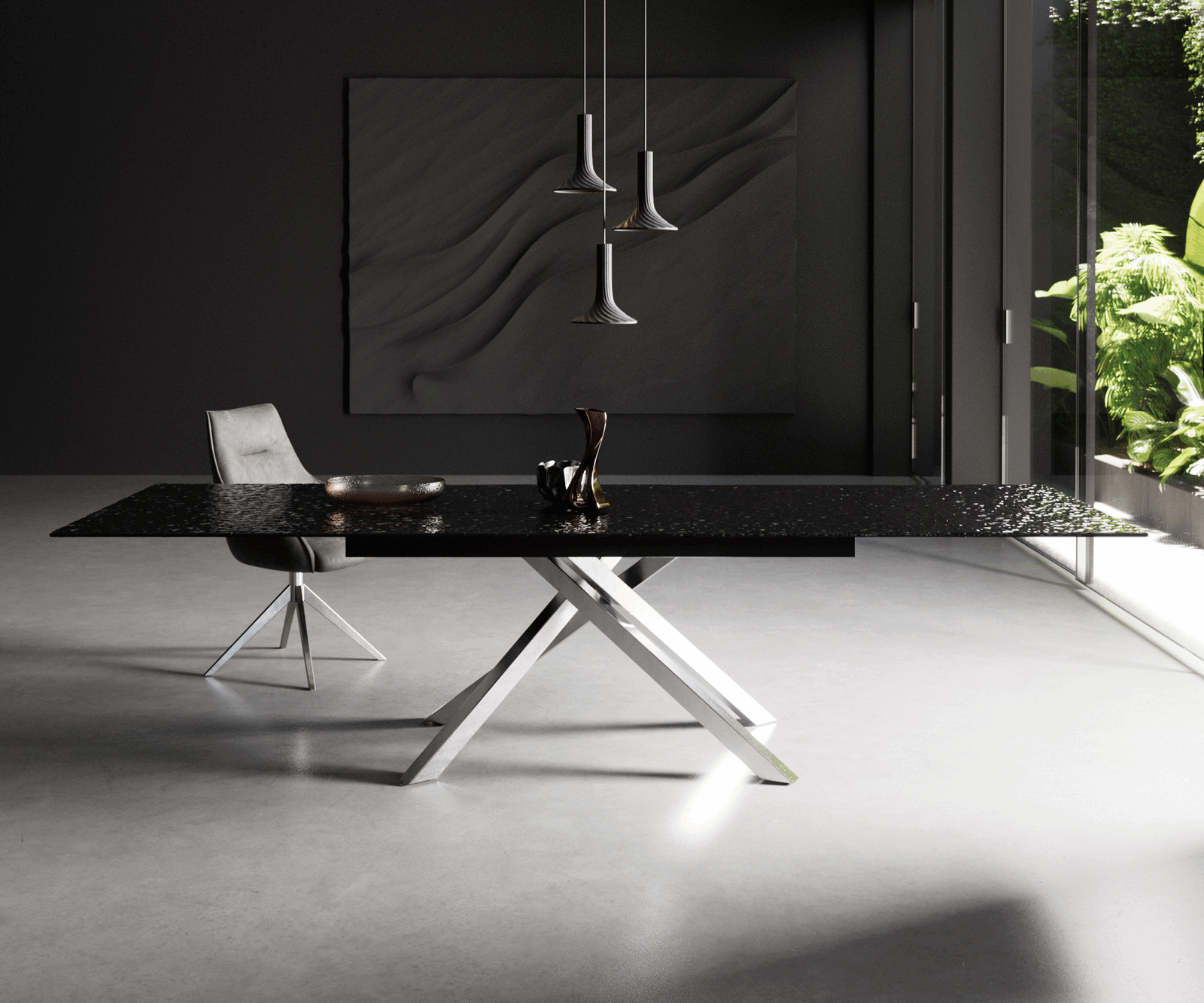 Dining Table Aurora Extendable 200-300cm Glass Relief Cross Frame Steel