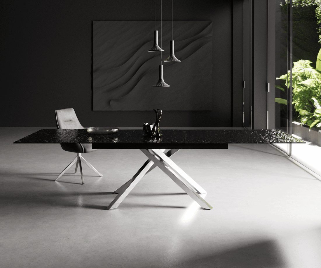 Extendable Dining Table Aurora 200-300cm Glass Relief Cross Frame Steel