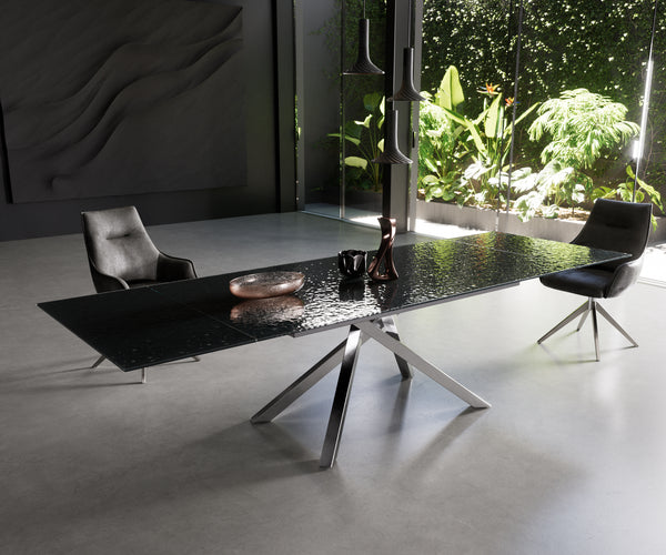 Dining Table Aurora Extendable Ceramic 200-300cm Glass Relief Cross Frame Steel