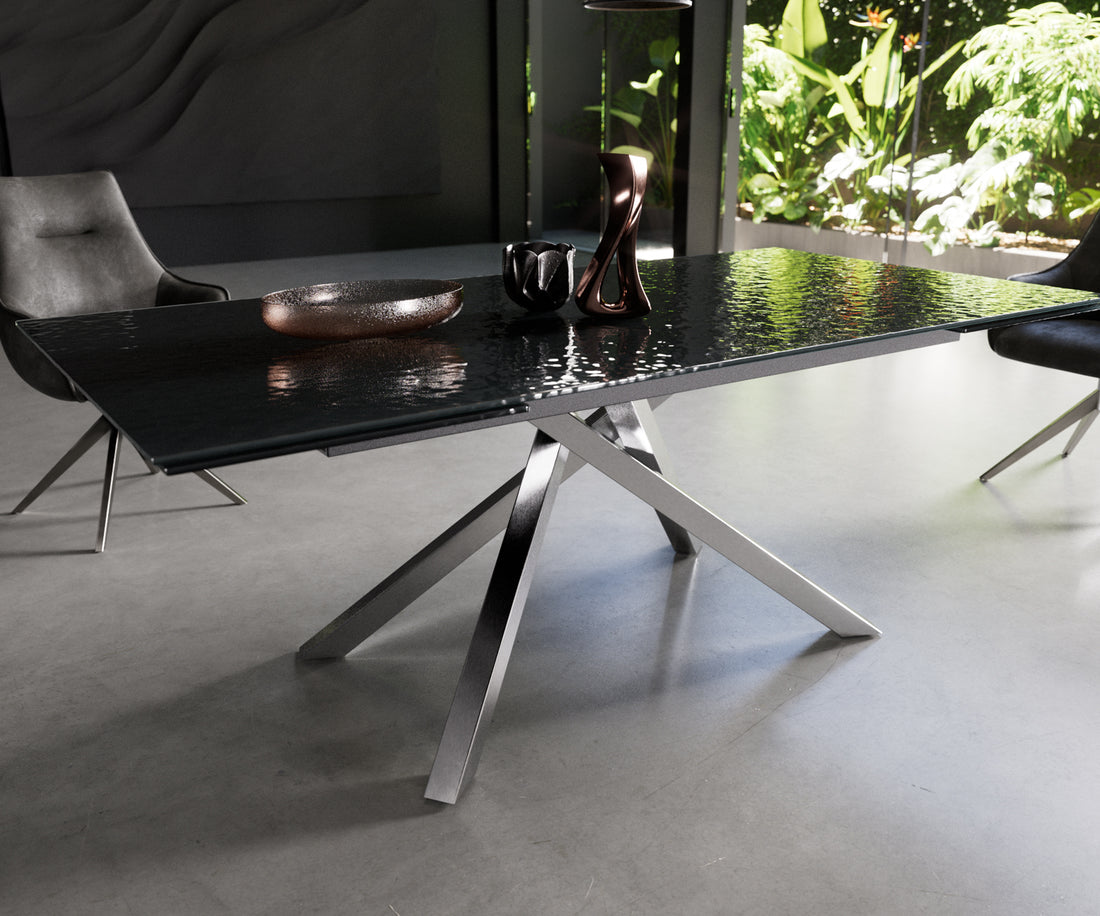 Extendable Dining Table Aurora 200-300cm Glass Relief Cross Frame Steel