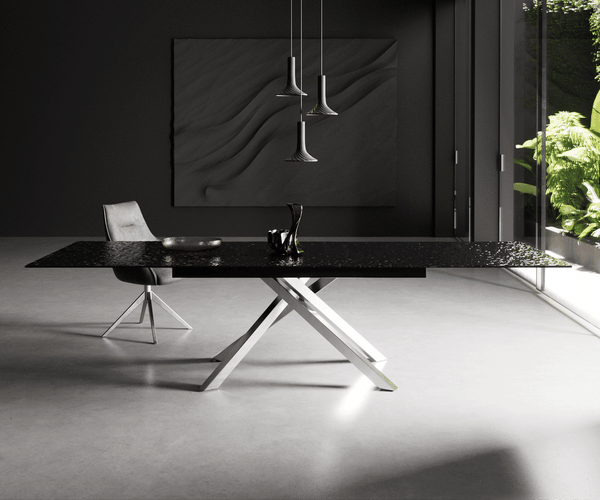 Dining Table Aurora Extendable 200-300cm Glass Relief Cross Frame Steel
