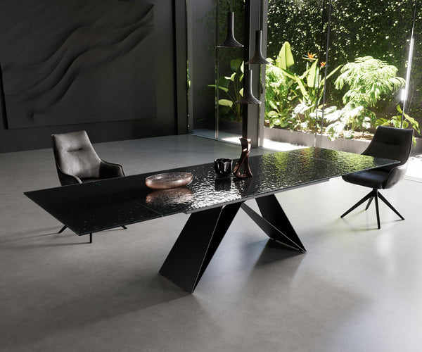 Dining Table Aurora Extendable Ceramic 200-300cm Glass Relief V Frame Black
