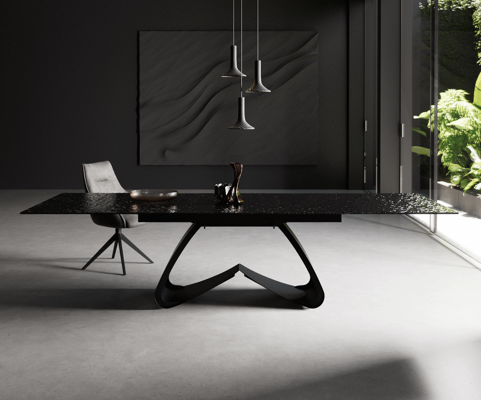 Dining Table Aurora Extendable 200-300cm Glass Relief W Frame Black
