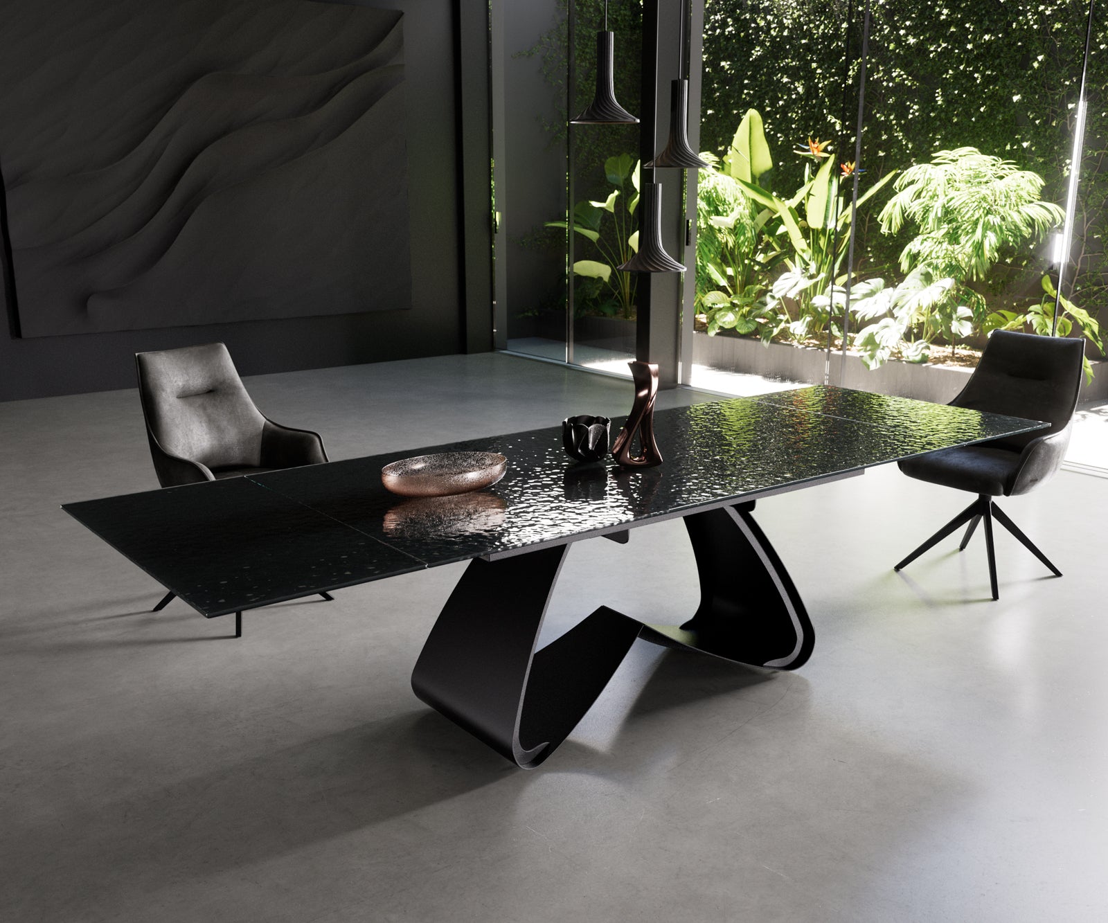 Dining Table Aurora Extendable Ceramic 200-300cm Glass Relief W Frame Black
